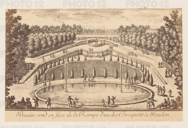 Photographic reproduction of a design for a round pond for a slope in the garden of the Château de