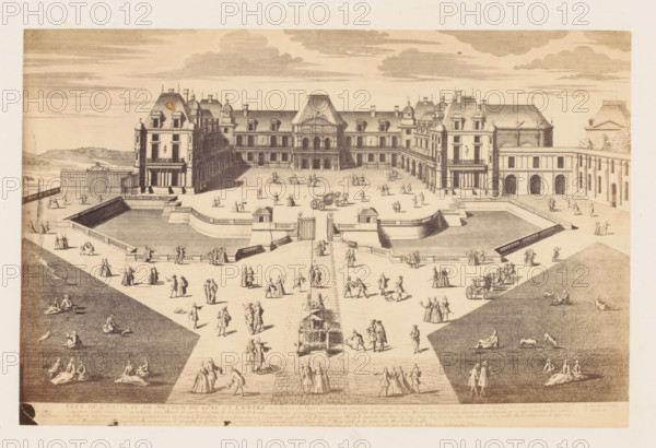Photo reproduction of a design of a view of the Château de Meudon, seen from the entrance to the
