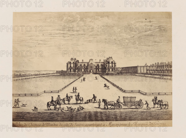 Photo reproduction of a design of a view of the Château de Meudon, seen from the entrance to the
