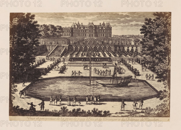 Photo reproduction of a design of a view of the Château de Meudon, with a water feature and