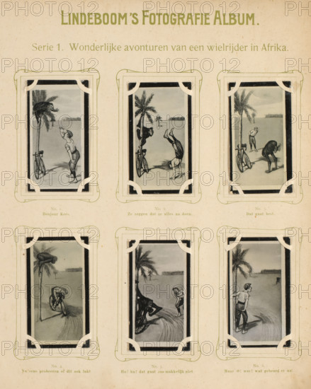 Six reproductions of drawings of a cyclist by a palm tree with a monkey in Africa, Wonderful