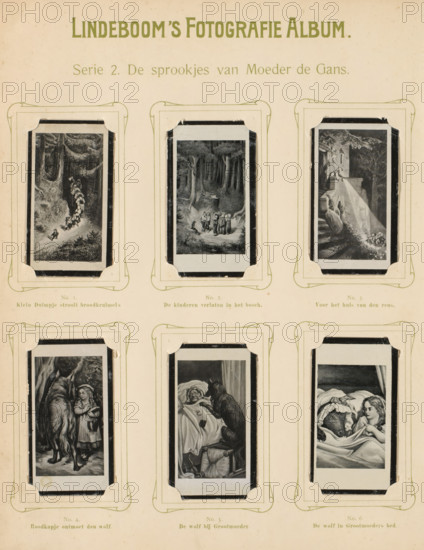 Six reproductions of drawings of scenes from the fairy tales Little Thumb and Little Red Riding