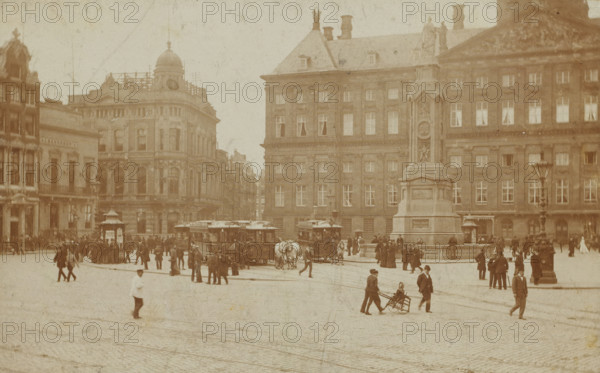 View of Dam Square with horse trams in Amsterdam, photograph, inscription: 'Mies Schürer Ruth',