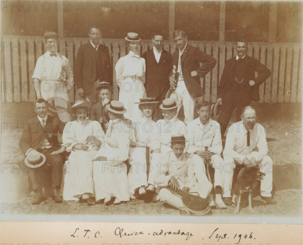 Group at tennis club LTC Quick-Advantage, Gerard Aalbersberg seated on the left, photograph,