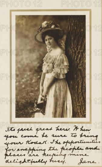 Advertisement for Kodak, picture postcard, stamp: '1909', inscription: 'Its just great here. When