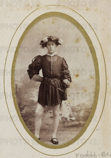 Portrait of a young man in costume with a sword, identified as M. Zijnen de Gier, album page,