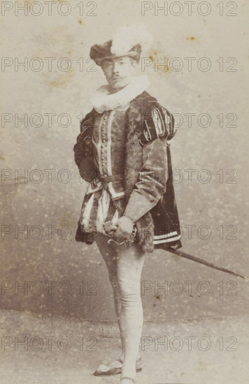 Portrait of a young man in costume with a sword, identified as NA de Joncheere, album page,