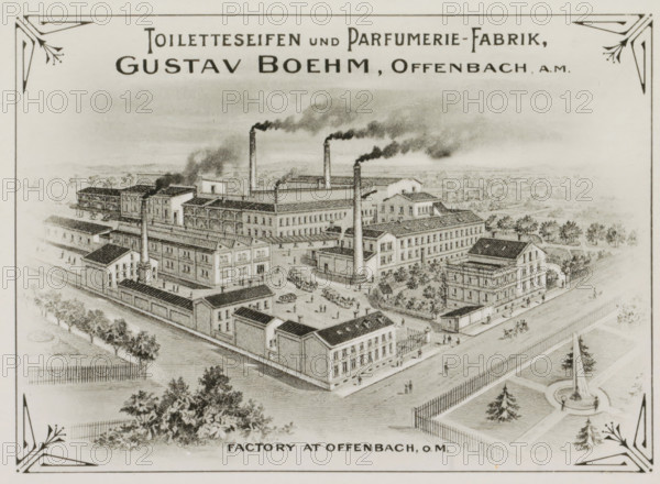 Photo reproduction of (presumably) a print of Gustav Boehm's soap and perfume factory in Offenbach