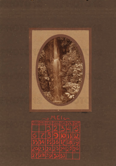 Traveler at a waterfall, album page, photograph, This photo is part of an album., annotation: 'MEI,