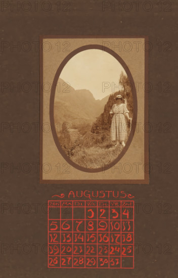 Landscape with mountains, with a female traveler with a hat in the foreground, album page,