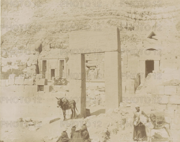 People and donkeys at the temple complex of Deir el-Bahri, Thebes Dair el Ba, photograph, Part of