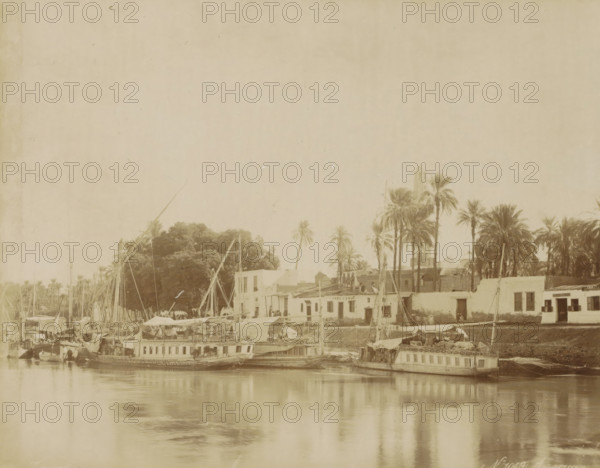 Assouan, Ships (dahabies) at a quay in Aswan, photograph, Part of Travel album with 80 photos of