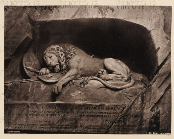View of the Lion of Lucerne, album page, photomechanical print, This print is part of an album.,