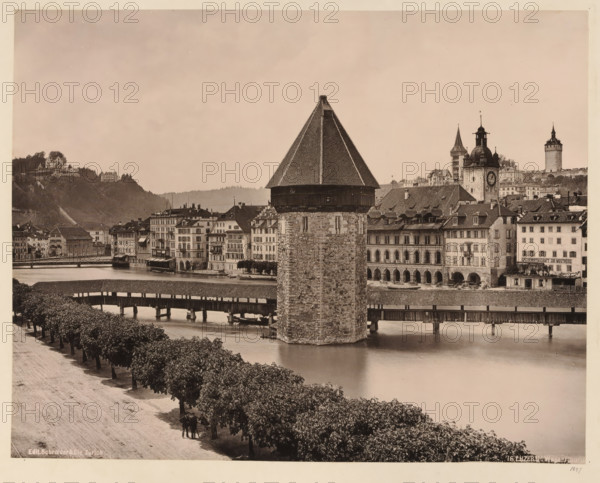 View of the water tower in Lucerne, album page, photomechanical print, This print is part of an