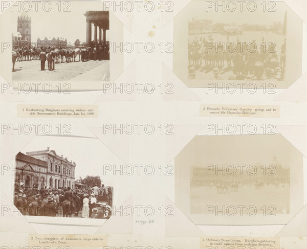 Armed Boers on horseback in a street in Pretoria, 4 Ordinary Street Scene. Burghers gathering in