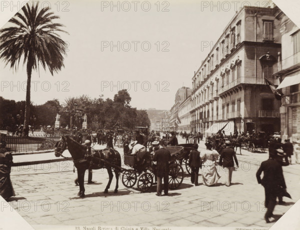 Street Naples, Napoli Riviera di Chiaja e Villa Nazionale, Street in Naples with horse-drawn