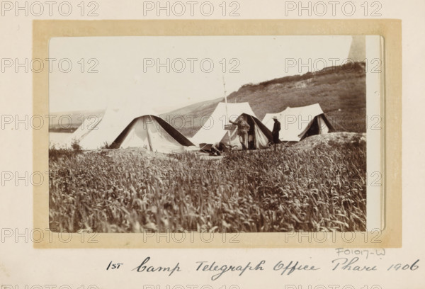 Tent camp of the first British telegraph post in Phari, Tibet, photograph, Part of Photo album with