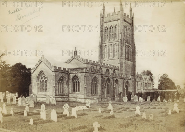 Mells Ch. Somerset, Exterior of the Church of St. Andrew with a churchyard in front in Mells,