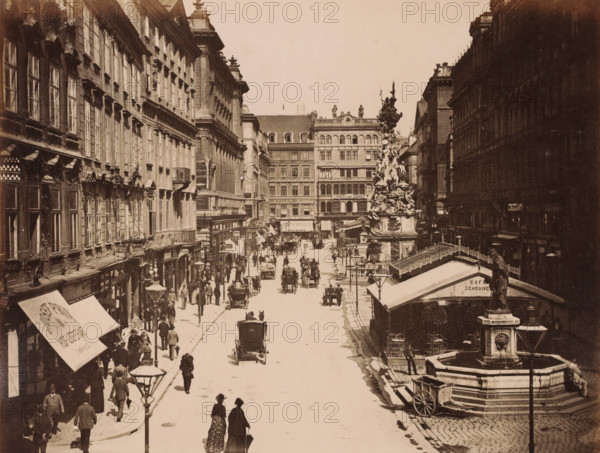 Wien. Der Graben., View of Der Graben in Vienna with shops, carts, pump and the Vienna Plague