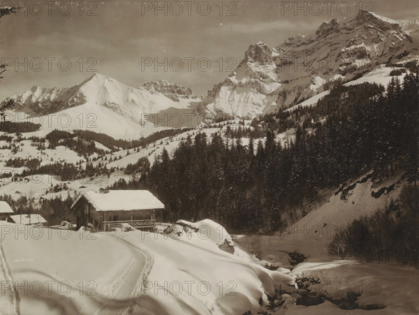 Landscape near Adelboden., View of the snow-covered mountains near Adelboden, photograph, Part of