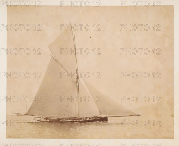 Sailing ship launched, album page, photograph, This photo is part of an album., check stamp: