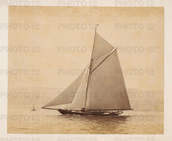 Two sailing ships launched, album page, photograph, This photo is part of an album., check stamp: