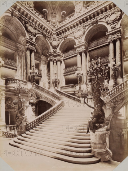 Interior with stairs of the Opéra de Paris, album page, photograph, This photo is part of an album