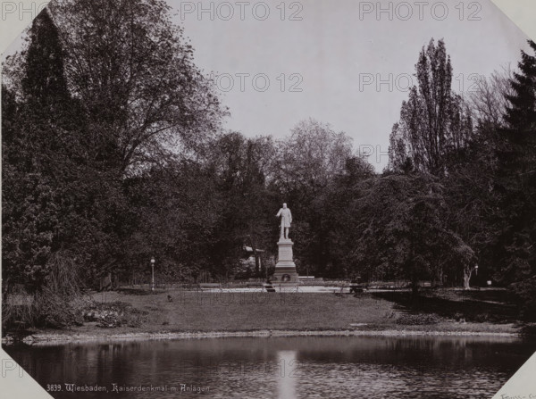 View of Warmer Damm city park with a statue of Emperor Wilhelm I in Wiesbaden, album page,