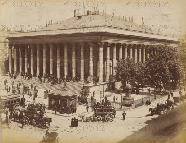 Horse-drawn trams in front of Palais Brongniart, album page, photograph, This photo is part of an