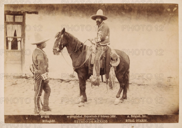 Rurales, Rural Guards, Two Mexican men in traditional clothing, one of them on horseback, Estado de