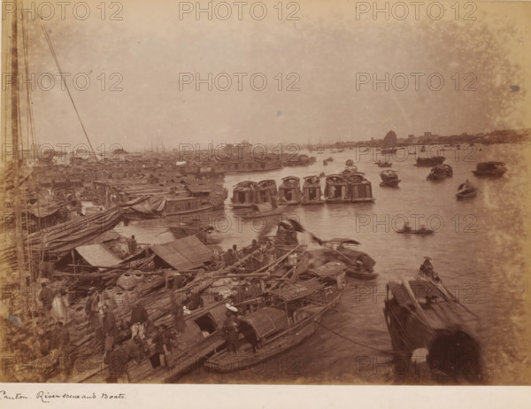 View of the river with boats near Guangzhou, photograph, annotation: 'Canton, Riverscene and