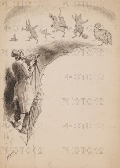 Photographer photographs dancing animals, drawing, illustration, inscription: '108x175, 2893a,