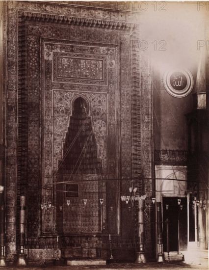 Interior of a mosque, possibly in Istanbul, photograph, photographer: attributed to Sébah &
