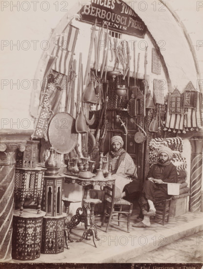 Barbouchi Frères in front of their shop in the Souk el-Trouk in the Medina of Tunis, Boutique de