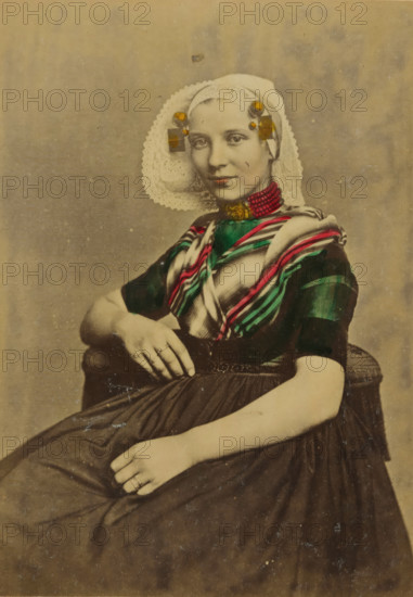 Portrait of an unknown woman in traditional costume of Goes, Zeeland, cabinet photograph,