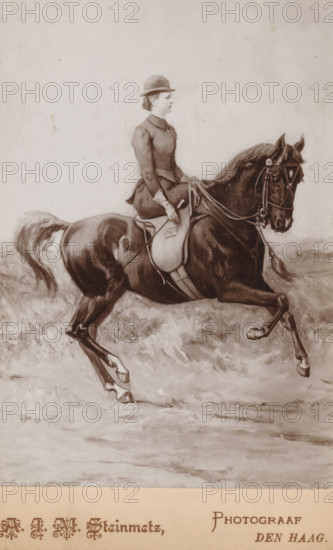 Photographic reproduction of a painting of Queen Wilhelmina on horseback after Otto Eerelman,