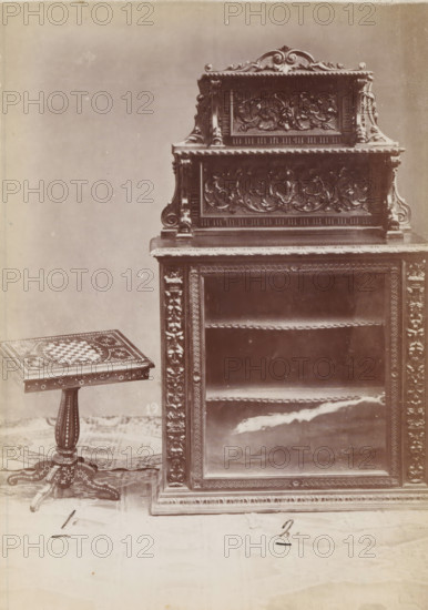 No 12 Etager, Wooden cupboard and side table, photograph, page, inscription: 'Alto, 145. Largo, 90.