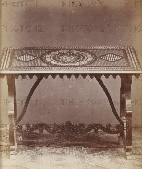 No 22 Tavola, Table with marquetry, photograph, page, inscription: 'Alta, 87. Larga, 122, Fonda 69