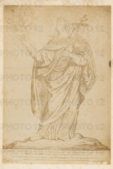 Photo reproduction of an engraving by Liduina van Schiedam with crucifix and rose branch by