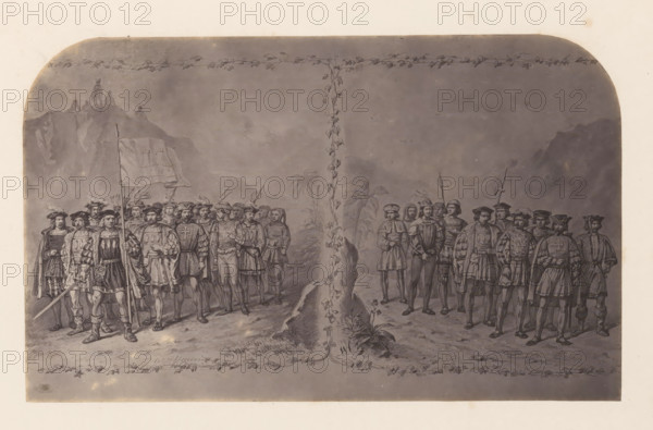 Photo reproduction of a print of Christopher Columbus and Vasco da Gama with their troops,