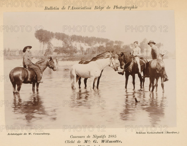 Riders in a river, photograph, page, inscription: 'Concours de Négatifs 1885, Médaille de bronze.',
