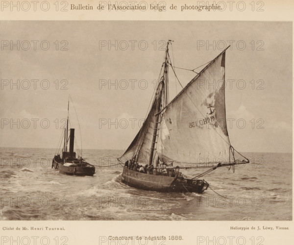 Seascape with sailing ship and tugboat, page, photomechanical print, inscription: 'Concours de