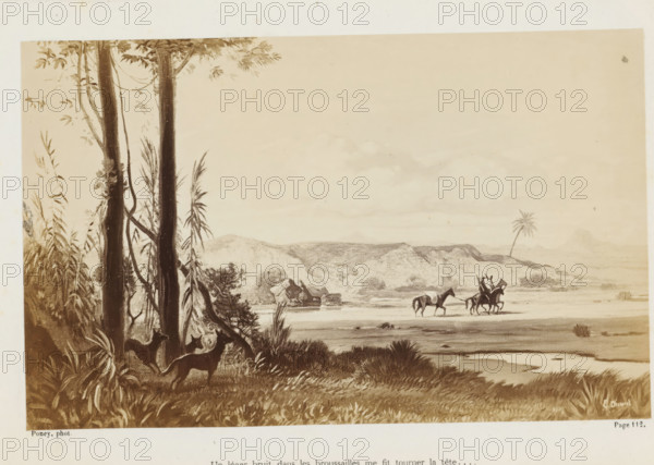 Photo reproduction of a painting of horsemen in a landscape in Australia, Un léger bruit dans les