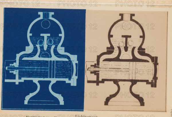 Cross-section of a machine, Light pauses, photograph, page, inscription: 'Eisenblaudruck (zu p.