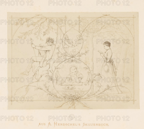 Photo reproduction of a sketch of various reading figures by Albert Hendschel, From A. Hendschel's