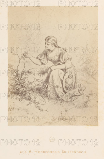 Photo reproduction of a sketch of a girl picking flowers by Albert Hendschel, From A. Hendschel's