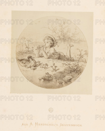 Photo reproduction of a reclining child playing a flute by Albert Hendschel, From A. Hendschel's