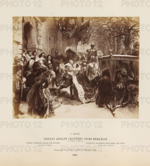 Photo reproduction of a painting of Gustav II Adolf receiving his wife by Adolph Menzel, Gustav