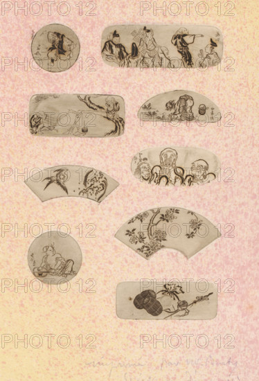 Nine Japanese motifs, possibly fans, print, annotation: 'imprimé pour m. Burty, Spécimen