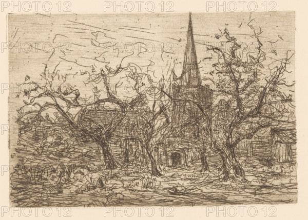 Village church behind trees (original title), print, printmaker: Floris Verster, 1888, paper,